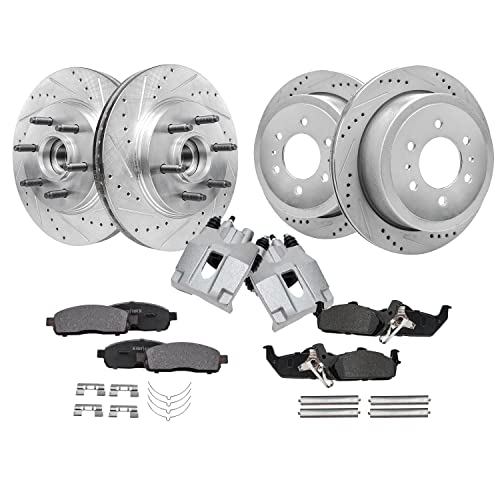 Image of Detroit Axle - RWD Brake Kit for 2004-2008 Ford F-150 2006-2008 Lincoln Mark LT 2005 2007 Front & Rear Drilled & Slotted Brake Rotors Ceramic Brakes Pads Rear Brake Calipers Replacement - 10pc Set