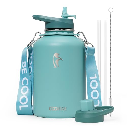 Image of Coolflask Insulated Water Bottle 64 oz with Straw, Half Gallon Large Water Jug with Straw & Spout Lids, Vacuum Stainless Steel Metal Flask, Keep Cold 48h Hot 24h, Leak Proof & Non-BPA, Agate Green