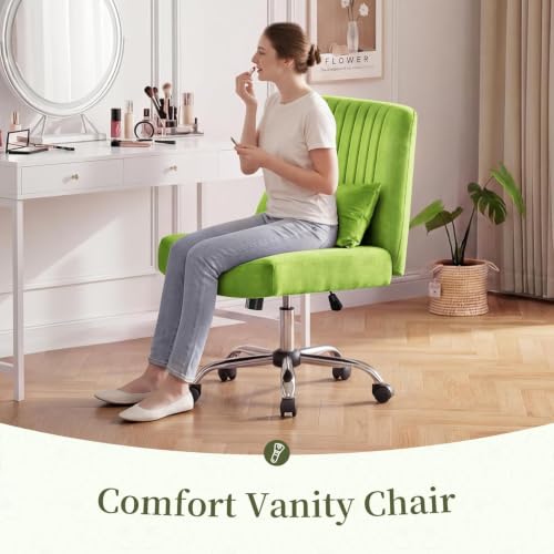 Image of Velvet Criss Cross Desk Chair with Wheels, Luxury Cross Legged Office Office, Swivel Wide Seat Vanity Chair, Armless Adjustable Height Gaming Chair Gift, Dusty (1, Glass Green)