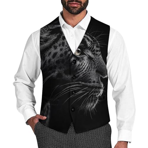 Close-up of Black Leopard Men's Suit Vest Slim Fit V-Ncek Waistcoat Business Casual Vest