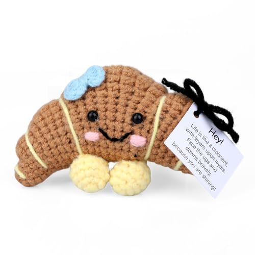 TOYMIS Croissant de Crochet Inspirador, Muñeco Crochet Apoyo Emocional Hecho a Mano con Tarjeta Ánimo Lindo Croissant Punto Positivo para Regalo Cumpleaños Decoración de Fiesta