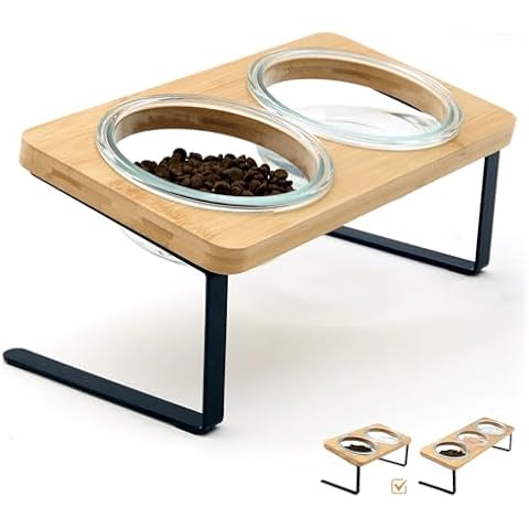 Lawfery Elevated Cat Bowls, 15° Tilted Cat Food Bowl, Includes 2 Glass Cat Bowls, Bamboo Board, and Metal Stand for Cats and Puppies Cover