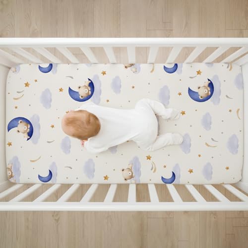 Image of 4 Pack Teddy Bear Crib Sheet Set for Boys or Girls, Neutral Soft Breathable Fitted Checkered Crib Sheet, Bear Nursery Decor for Standard Crib and Toddler Bed Mattresses 28 x 52 in