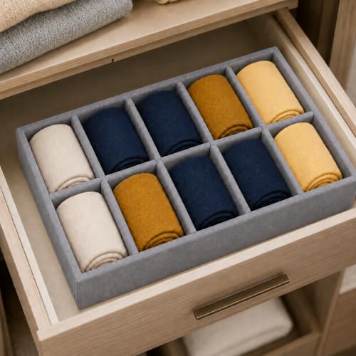 Image of 10 Slot Drawer Organizer Tray for Socks and Ties, Grey | Ten divided compartments keep socks, ties and small wardrobe accessories neatly arranged in drawers, wardrobes or closets.