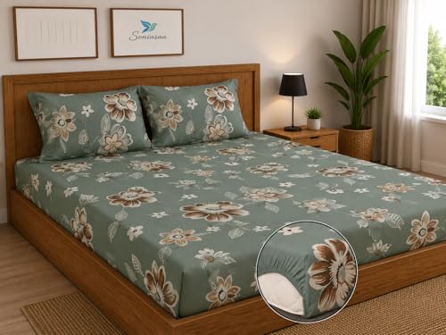 Image of 276 TC Cotton Feel All Around Elastic Fitted Bedsheet, Elastic Fitted Bedsheet King Size Bedsheet for Double Bed with 2 Pillow Covers, Size - 72 x 78 x 8 Inch Color White