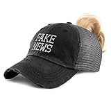 Speedy Pros Womens Ponytail Cap Fake News White Embroidery Cotton Messy Bun Distressed Trucker Hats Strap Closure Black Design Only