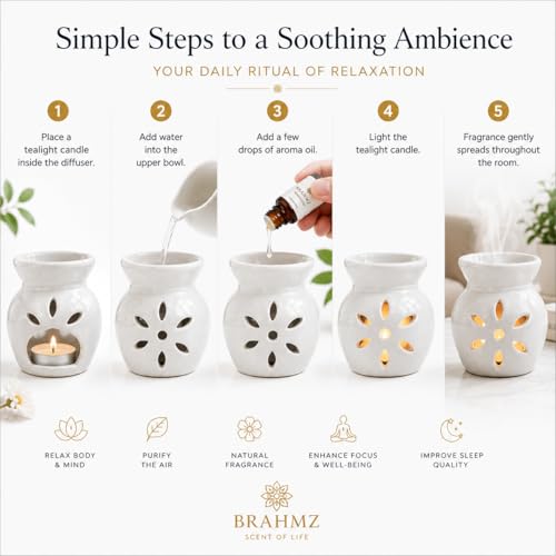Image of BRAHMZ Ceramic Oil Burner Set of 4 with 4 Tealight Candles | Essential Oil Burner & Aroma Oil Diffuser for Aromatherapy, Home Fragrance, Meditation, Spa, Home Decor & Gifting
