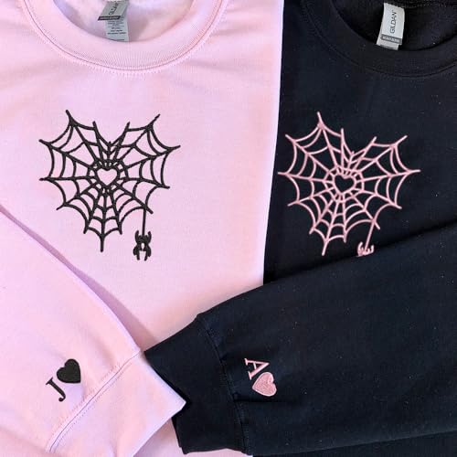 DILYPOD Personalized Couple Embroidered Hoodies, Custom Spider Heart with Initials On Sleeve, Matching Hoodies for Couple, Valentines Day for Boyfriend, Couple Sweatshirt, Gift for Him3