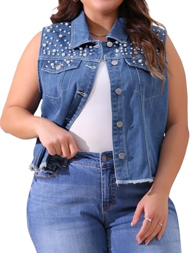 Agnes Orinda Plus Size Denim Vest for Women Sleeveless Embroidered Pearl Frayed Jean Vests Jacket2