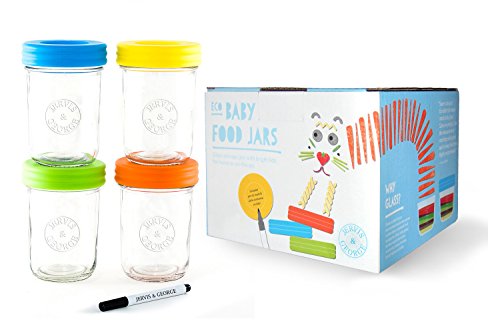 Glass Baby Food Storage Containers - Set contains 4 Small Reusable 8oz Jars with Airtight Lids - Safely Freeze your Homemade Baby Food