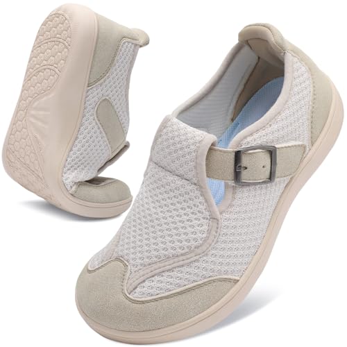 BARERUN Women's Slip on Loafer Shoes - Mesh Casual Ballet Flat Nurse Walking Sneakers Knit Round Toe Casual Memory Foam Diabetic Shoes for Women Beige Women Size 10.5 Wide