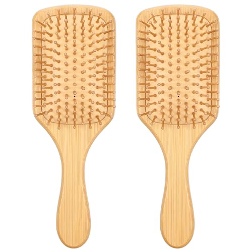 KFHENSOMR 2 Pcs Bamboo Hair Brush with Natural Bamboo Bristles Detangling Paddle Hairbrush Wooden Brush for All Hair Types & Hairs Growth for Women Men
