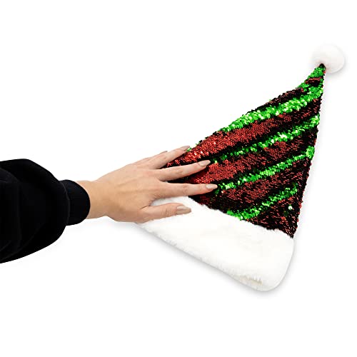 Plushible Santa Hat - Red & Green Flip Sequin Christmas Hats For Adults, Teens & Kids - Fun Winter Hats For Girls & Boys - Festive Holiday And Claus Costume Accessory Supplies - 18” X 12.5” #TOP4