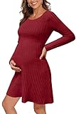 OUGES Knitted Maternity Dress for Women UK Long Sleeve Pregnancy Clothes Winter Red Midi Nursing Jumpers-M