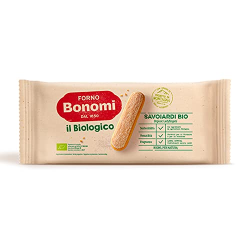 Forno Bonomi Savoiardi Bio, biscotti artigianali con solo ingredienti biologici ideali per tiramisù, per uno snack goloso e veloce. Confezione da 200g