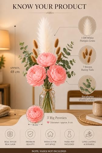 Image of Divyakosh Artificial Flowers for Vase (Vase Not Included) Light Pink Peony Bouquet with Eucalyptus, Bunny Tails & Pampas Grass for Living Room, Table Centerpiece, Home Decor