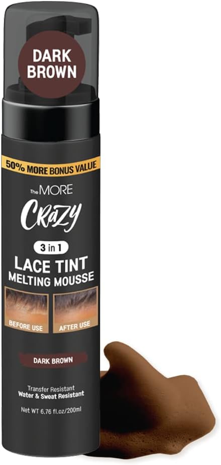 The MORE 3 in 1 Lace Dye Mousse | Lace Wig Concealer Hair Parts and Mice, Edge Tamer Colored Foam (6.76 Fl Oz, Dark Brown)
