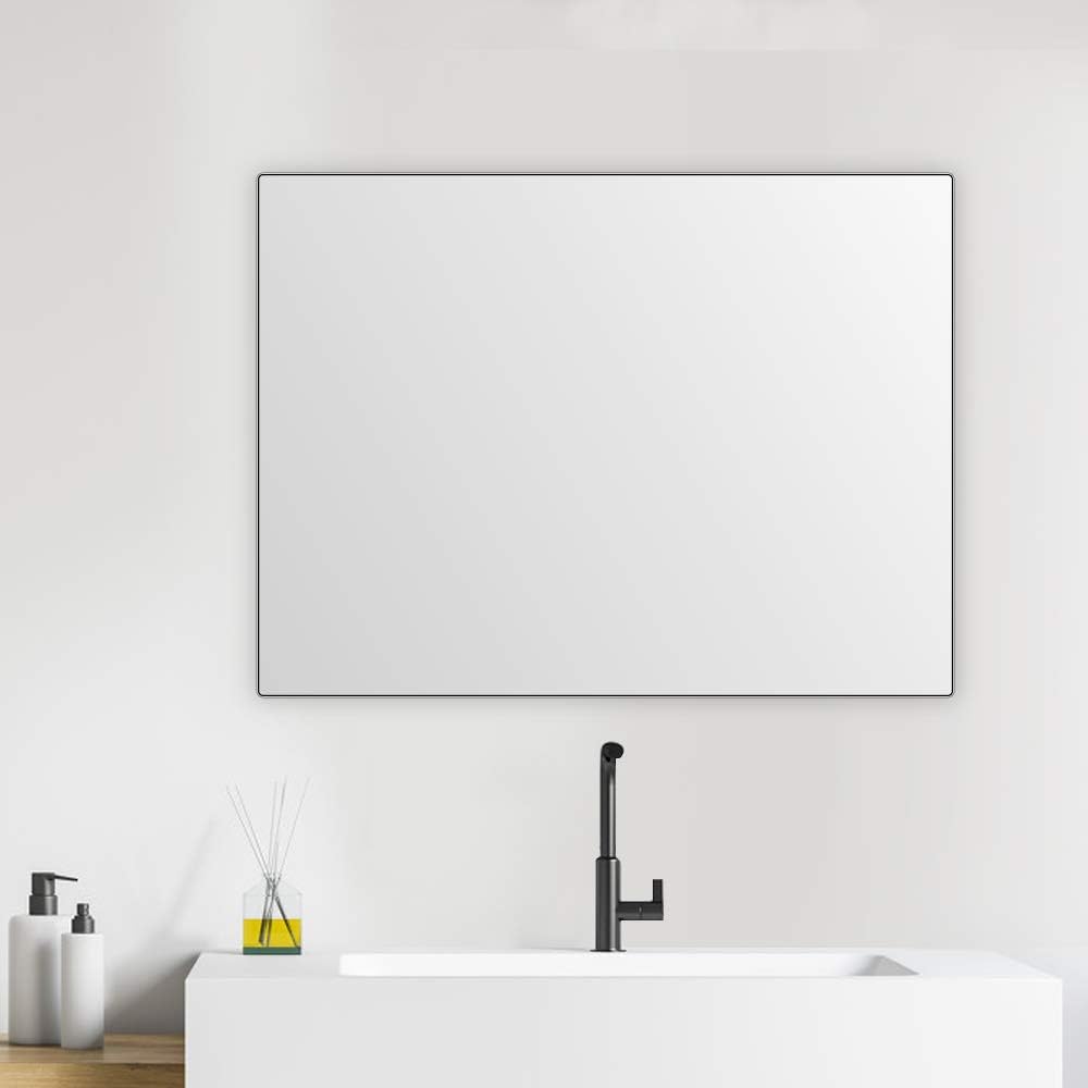 Bathroom Mirror for Wall, 32×24 Black Modern Mirror Rectangle Mirror for Vanity Aluminum Alloy Ultra Narrow Frame, Livingroom, Bedroom Rounded Corner, for Hangs Horizontal or Vertical