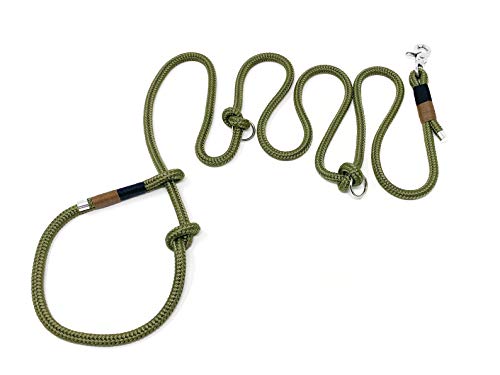 Wau-Effekt - Retrieverleine aus Segeltau mit Zugstopp - 100% Handarbeit - längenverstellbar und stufenlos größenverstellbar aus robustem Segeltau (M (200cm, 10mm Tau), Grün - Dunkelblau Braun)