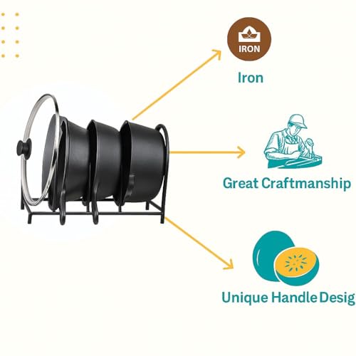 Image of Black Iron 5-Slot Pan, Pot & Tawa Rack - Countertop Cookware Organizer with Pot Lid Holder | Space-Saving Kitchen Stand (12 x 7.5 x 8.5 Inches) sheet