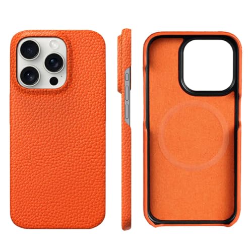 Coque cuir naturel iPhone 16 Pro protection magnétique orange élégante
