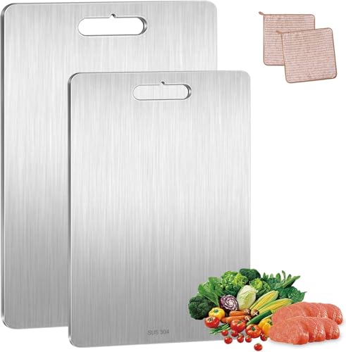 JOTOL 2 Piezas Tabla de Cortar de 304 Acero Inoxidable Grado Alimenticio Profesional, Doble Cara Sin BPA, Fácil de Limpiar, Cutting Board 34x23cm + 25x15cm - para Carne, Queso, Frutas y Verduras