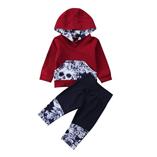 Image of CenturyX 2Pcs Baby Boys Girls Outfits Skull Hooded Pocket Long Sleeve Tops + Patchwork Long Pants Set