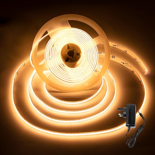 Lysumurl COB LED Strip Lights 5M, 24V Flexible Light Strip 8mm Wide, Warm White 3000K, Dimmable, CRI90+, Dotless 312 LEDs/M, Strip Lights for Bedroom Kitchen Under Cabinet Home Decor