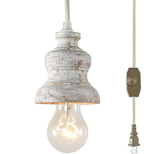 Plug In Pendant Light Wooden Hanging Light, Wood Vintage Farmhouse Indoor Hanging Lamp With 11.5Ft Cord And Chain, Unique Bedroom Swag Ceiling Lamp With Dimmer Switch, Handmade Distressed White #TOP9