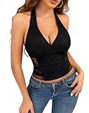 EVELIFE Women's Halter Neck Top Sexy Deep V Sleeveless with Ruched Detail Elegant Vest Ladies Camisole Tank Tops Black M