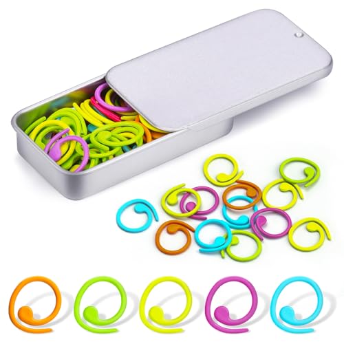 Jmuiiu Metal Stitch Markers 50Pcs Spiral Metal Colorful Crochet Stitch Markers Crochet Marker Ring for Knitting Crocheting Clothing Tag DIY Craft Project with Storage Box
