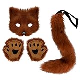 CurcKua Faux Fox Tail Fox Costume Halloween Therian Mask Furry Mask Tail and Furry Paws Plush Mask Fluffy Paw Gloves and Tails Cosplay Costumes for Women Halloween Dress up Party Red Brown