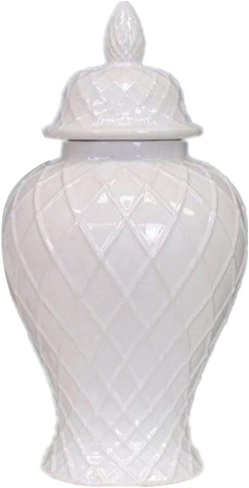 ZHOUXIAO Ceramic White Ginger Jar with Lid Diamond Pattern, Beautiful Decorative Porcelain Jars Temple Jar with Lids, Flower Vases Decor for Living Room Bedroom Shelf Bookshe B