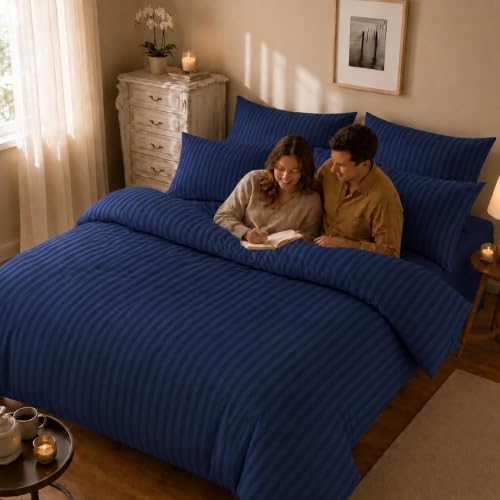 Image of Castiqa Premium Glace Cotton Satin King Size Stripes Pattern Quilt Cover /Duvet Cover /Rajai Cover /Blanket Cover with Zipper Closure (Navy, Single Bed (60x90 inch))