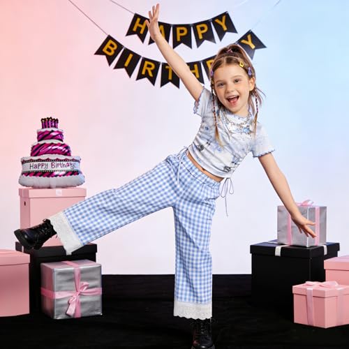 Image of Miipat Toddler Girls Wide Leg Pants Elastic Waist 2 Pack Gingham Pants Girls Loose Checkered Plaid Lace Bottoms