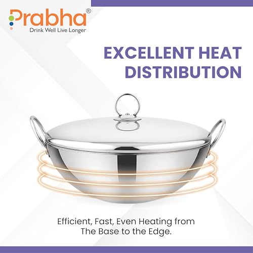 Image of Prabha Capsule Round Bottom Kadhai 2.4 L -28 CM | Tri-Ply Layer Steel kadhai with Lid | Compatible with Gas Stove | Cookware kadai for Cooking | Kadhai for Deep Frying | kadai Induction Base /Stove