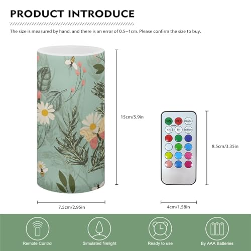 Image of LED Flameless Candles Battery Operated with Remote Timer 5.9'' Tealight Realistic Electric Candle Pillar Lights 12 Color Changing for Indoor Outdoor Home Decor, Daisy Leaf Butterfly Bee