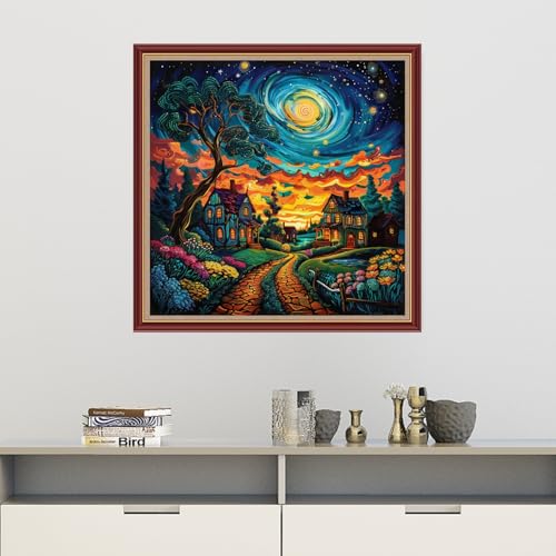Image of Dooxvey Cross Stitch Kits for Adults Beginners,Full Range of Cross-Stitch Stamped Kits Needlepoint Kits for Beginners Embroidery Kits 11CT Cross Stitch Patterns-Starry Night Moon Home 18x18 inch