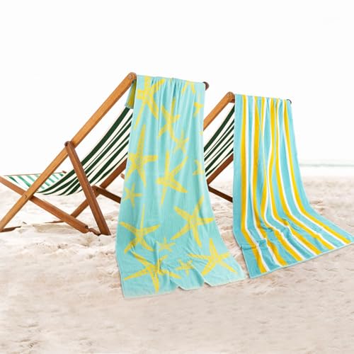 Casa Copenhagen Miami Serviettes de Bain, Ensemble de 2, en Coton, séchage Rapide et durables, 88 x 177 cm - Étoile de mer, Vert Sarcelle + rayé Jaune