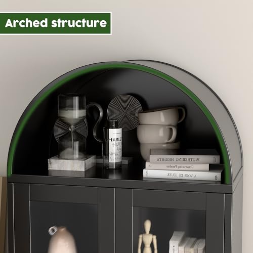 Image of 73-Inch Metal Arched Curio Cabinet with Motion Sensor LED Lights | Black metal cabinet with glass doors, 2 adjustable shelves and 3 motion-sensor LED strips; assembly required.