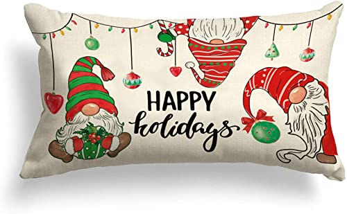 ORTIGIA Christmas Gnome Lumbar Pillow Cover 12x20 Happy Holiday Throw Pillow Cover Christmas Ball Qrnaments Pillow Cover Farmhouse Holiday Cushion Case Decoration for Home Sofa Couch