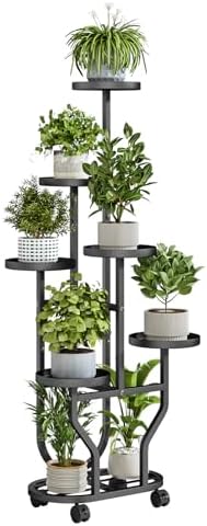 Plant Stand with Wheels 6 Tier Metal Flower Shelf for Indoor Outdoor Corner Multiple Plants Holder Rack for Bedroom Living Room Garden Balcony Yard Black (Black, 6 T...