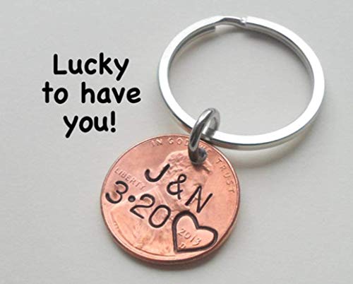 Jewelryeveryday Custom Hand Stamped Personalized Penny Keychain Initials With Heart Around Year & Other Options thumb #2