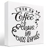I Run on Coffee ChaosWood Box Sign Desk Decor,Funny Coffee Wood Block Plaque Box Sign Desk Decoratio