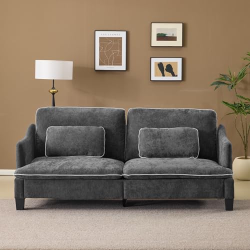 VINGLI 84" Sofa Couch, 3 Seater Extra Deep Seat Upholstered Living Room Couches with 2 Piped Seater Cushions, Throw Pillows, Modern Linen Velvet Fabric Sofa for Apartment, Bedroom, Office - Image 3