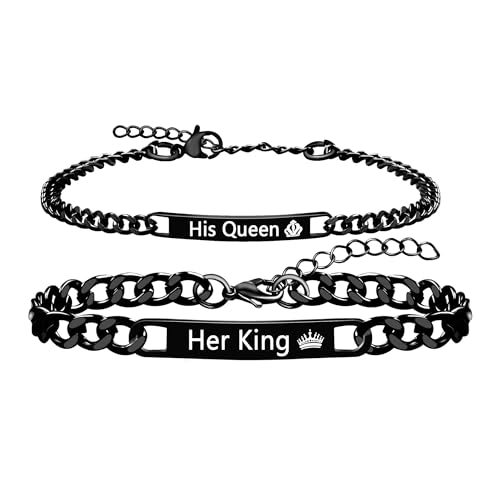 Uloveido Long Distance Relationship Couple Bracelets - Adjustable Black Stainless Steel His Queen Her King Matching Bracelets for Him and Her YA5889