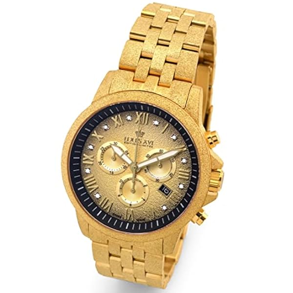 LOUIS XVI Herrarmbandsur Aramis frostat stålband guld svart fume riktiga diamanter kronograf analog kvarts rostfritt stål 1080