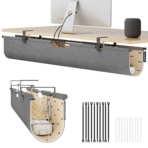 Image of No Drill Under Desk Cable Management Tray, 45.2 inch Felt Cord Organizer | Convertible Cable Tray & Privacy Panel, Clamp or Screw Mount, Pegboard Wire Management, Dual-Layer Felt, Standing Desk