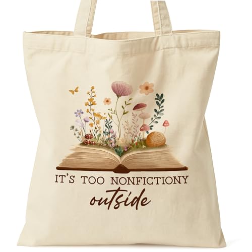 Zallobee Funny Book Lover Canvas Bag, Gifts for Women, It's Too Nonfictiony Outside Tote Bag, Double-Sided Print, Inner Pocket
