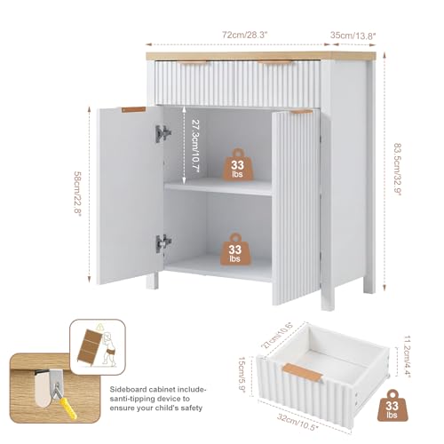 Image of Panana 2-Door 2-Drawer Storage Cabinet, Farmhouse Ribbed Style Sideboard for Kitchen, Living Room, Entryway (White)